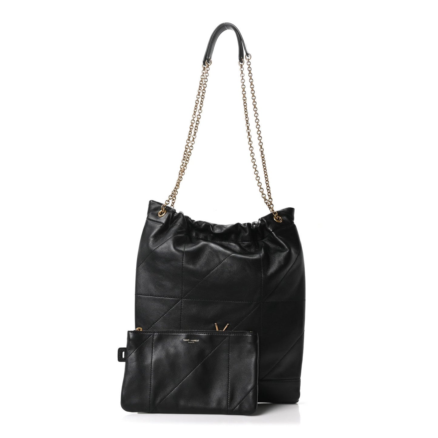 Black quilted leather shoulder bag with chain strap and front pouch