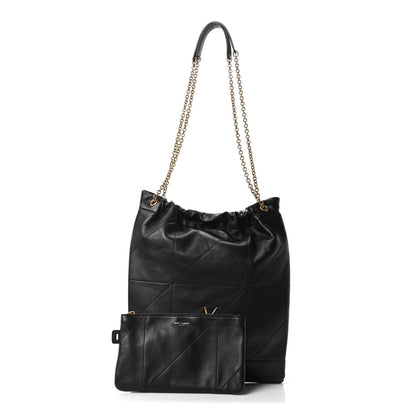 Black quilted leather shoulder bag with chain strap and front pouch