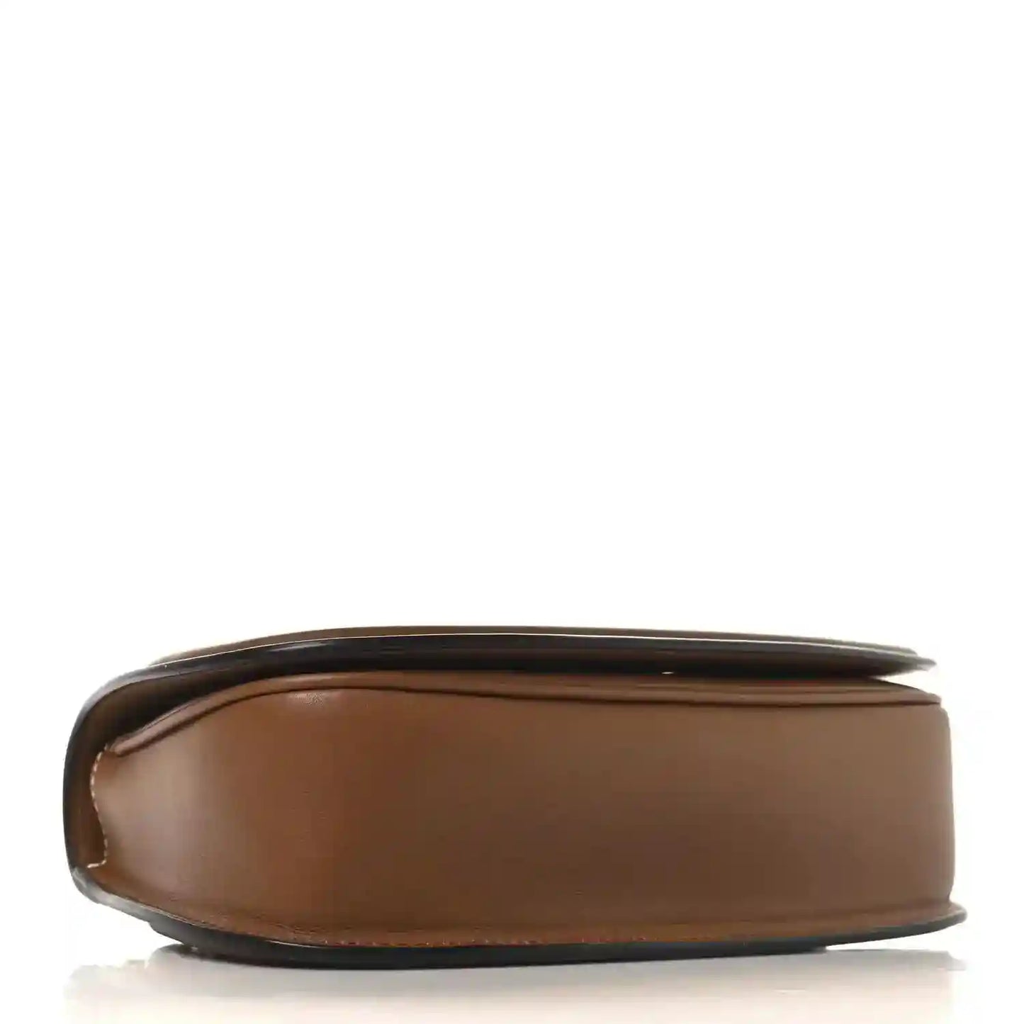 Medium bag side profile with smooth brown leather body and rounded base