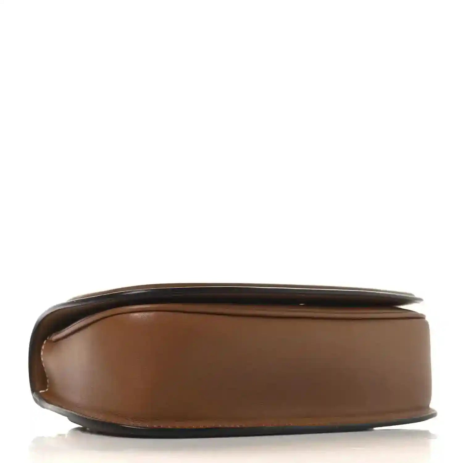 Medium bag side profile with smooth brown leather body and rounded base