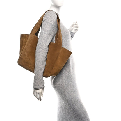 Suede tote bag with top handles, open side view, golden-brown suede