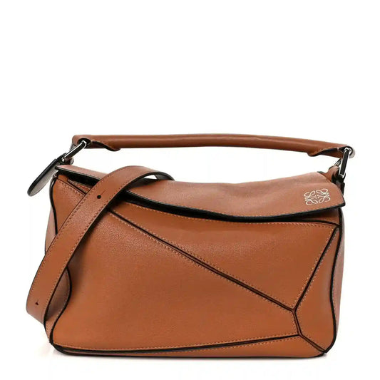 Loewe tan calfskin small Puzzle shoulder bag with crossbody strap and metal clasp