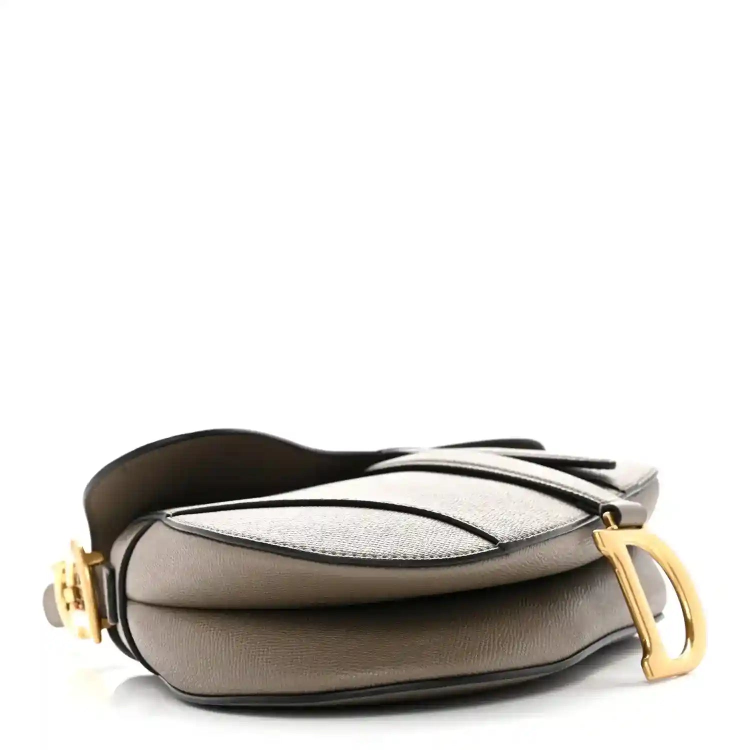 Dark green grained calfskin saddle bag with curved flap and gold-tone D-ring