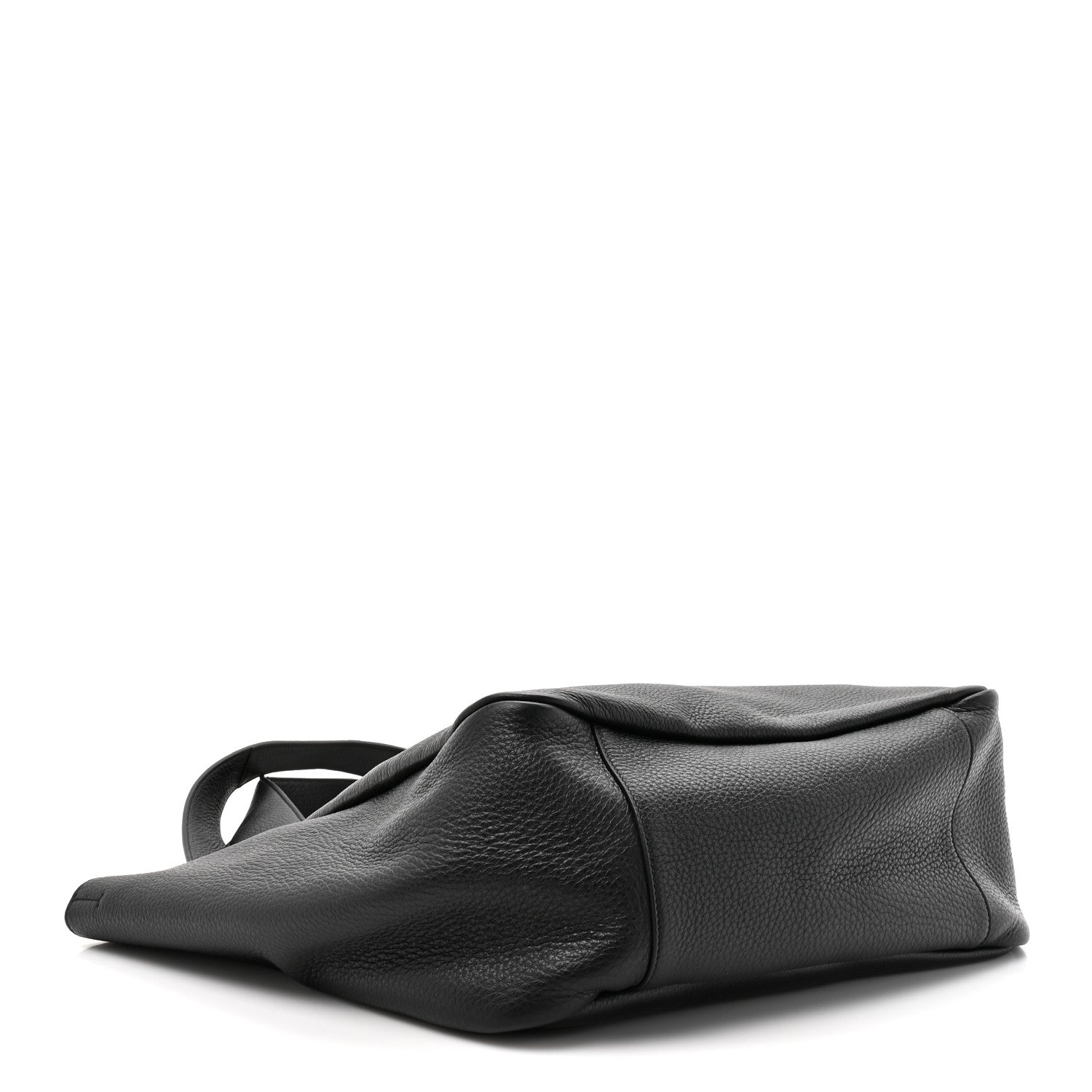 Black grained deerskin Bea tote laid down showing one side and handle loop