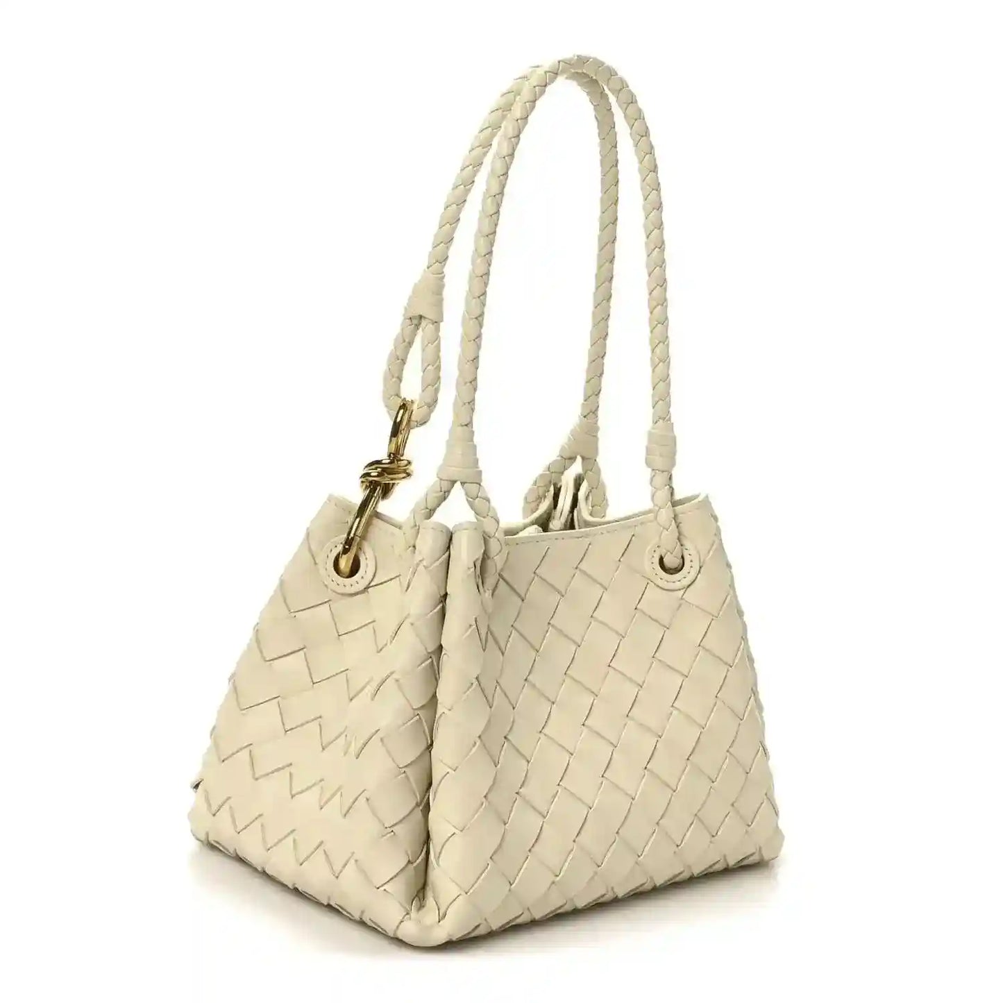 Light cream woven shoulder bag with top handles and gold hardware, front view