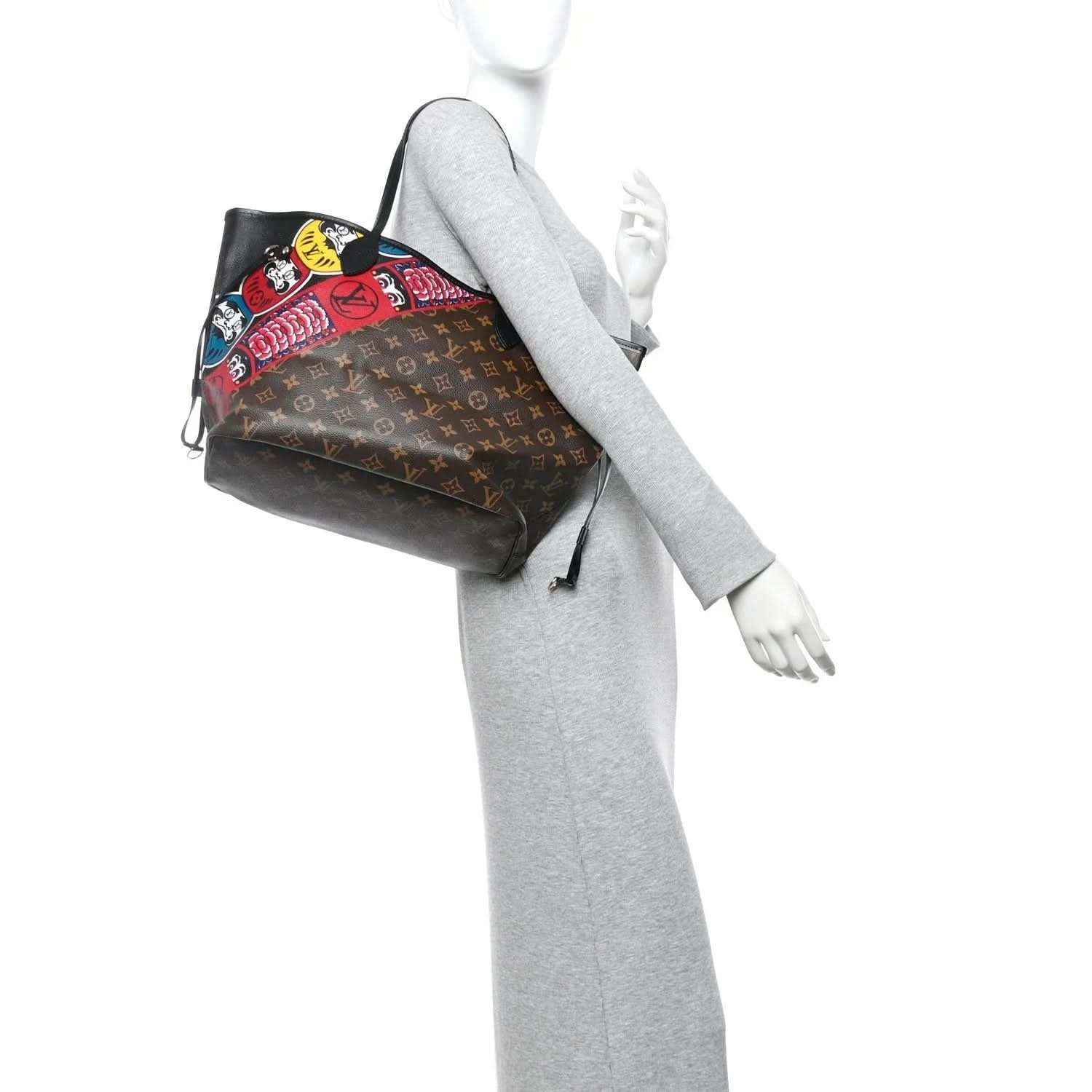 Tote bag with brown monogram, multicolor graphic panel and black shoulder straps