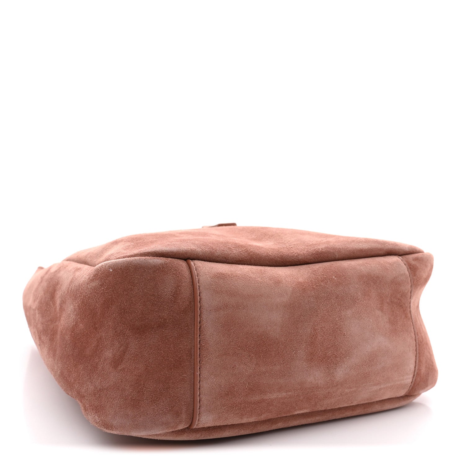 Small suede hobo bag in barley pink with rounded profile and stitched seams
