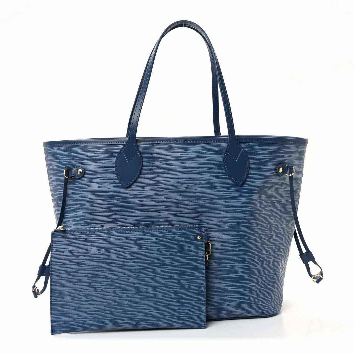 Denim blue leather tote bag with front snap pocket and attached small pouch
