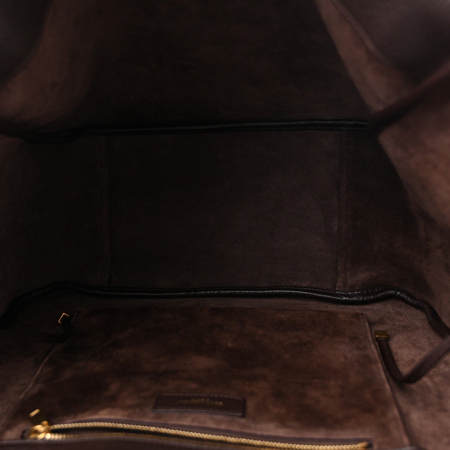Bea tote interior with suede lining and zip pocket wall, dark leather trim
