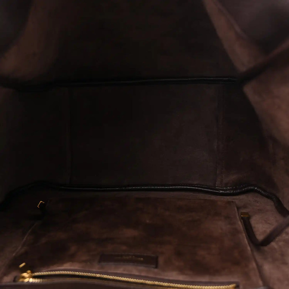 Bea tote interior with suede lining and zip pocket wall, dark leather trim