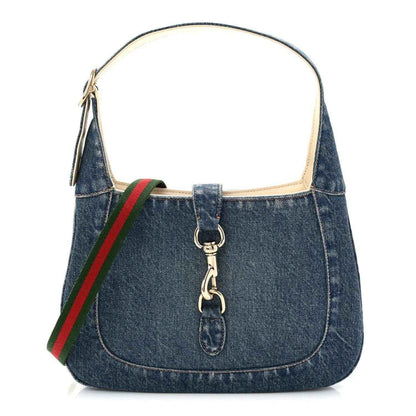 Blue denim small Jackie shoulder bag with gold-tone hardware and leather trim
