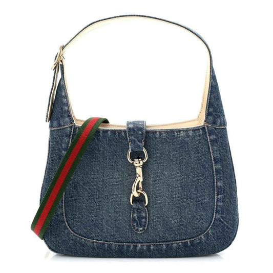 Blue denim small Jackie shoulder bag with gold-tone hardware and leather trim