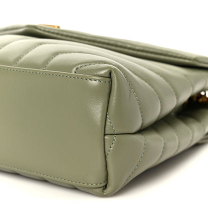 Light sage quilted calfskin small chain satchel with stitched corner and top edge
