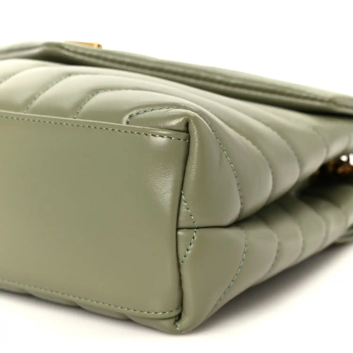 Light sage quilted calfskin small chain satchel with stitched corner and top edge