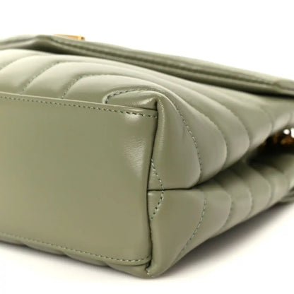 Light sage quilted calfskin small chain satchel with stitched corner and top edge