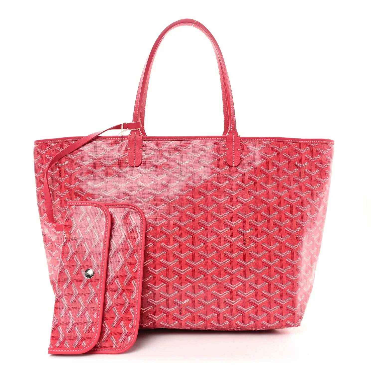 Fuchsia patterned tote bag with long top handles and attached zip pouch on front