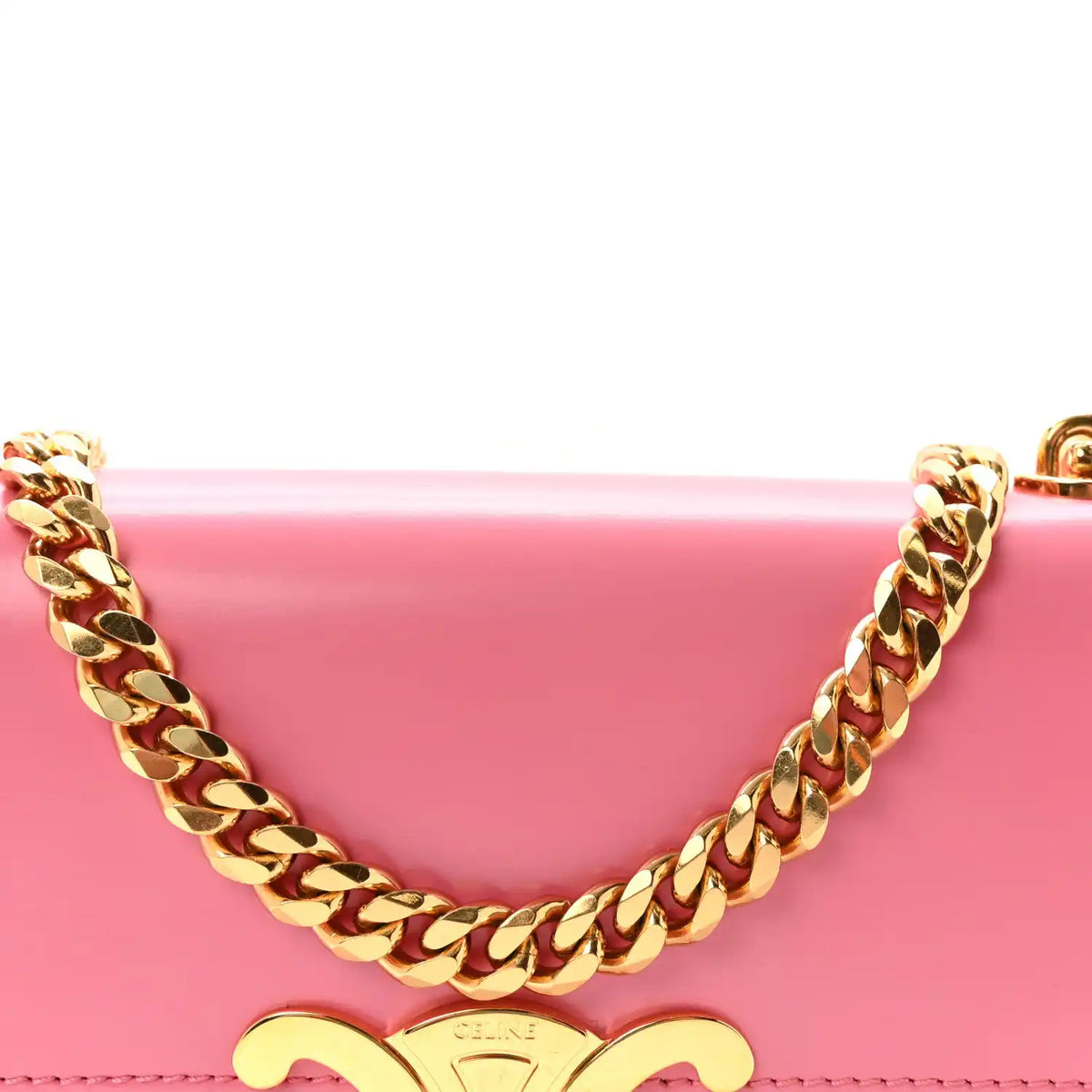 Flamingo pink leather bag front with gold Triomphe emblem and chain