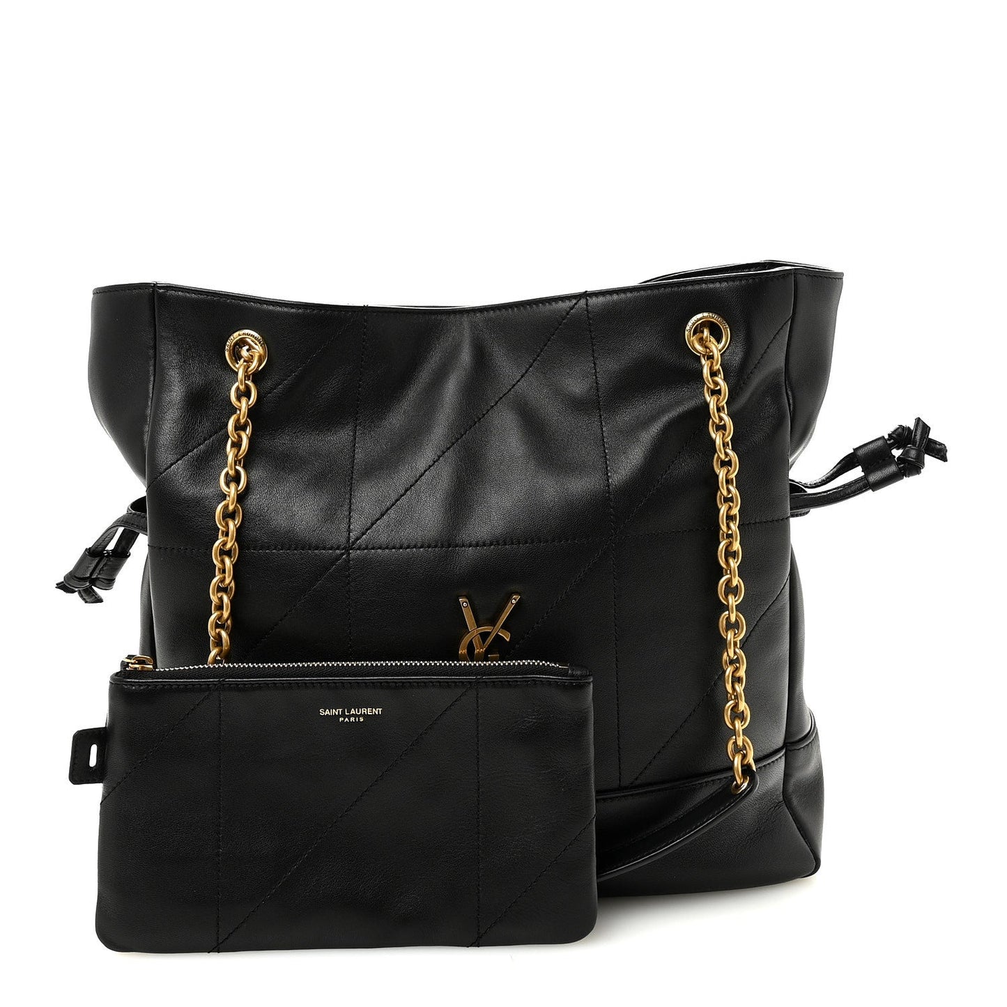 Black small shopping tote with YSL emblem, gold chain handles, and zip pouch.