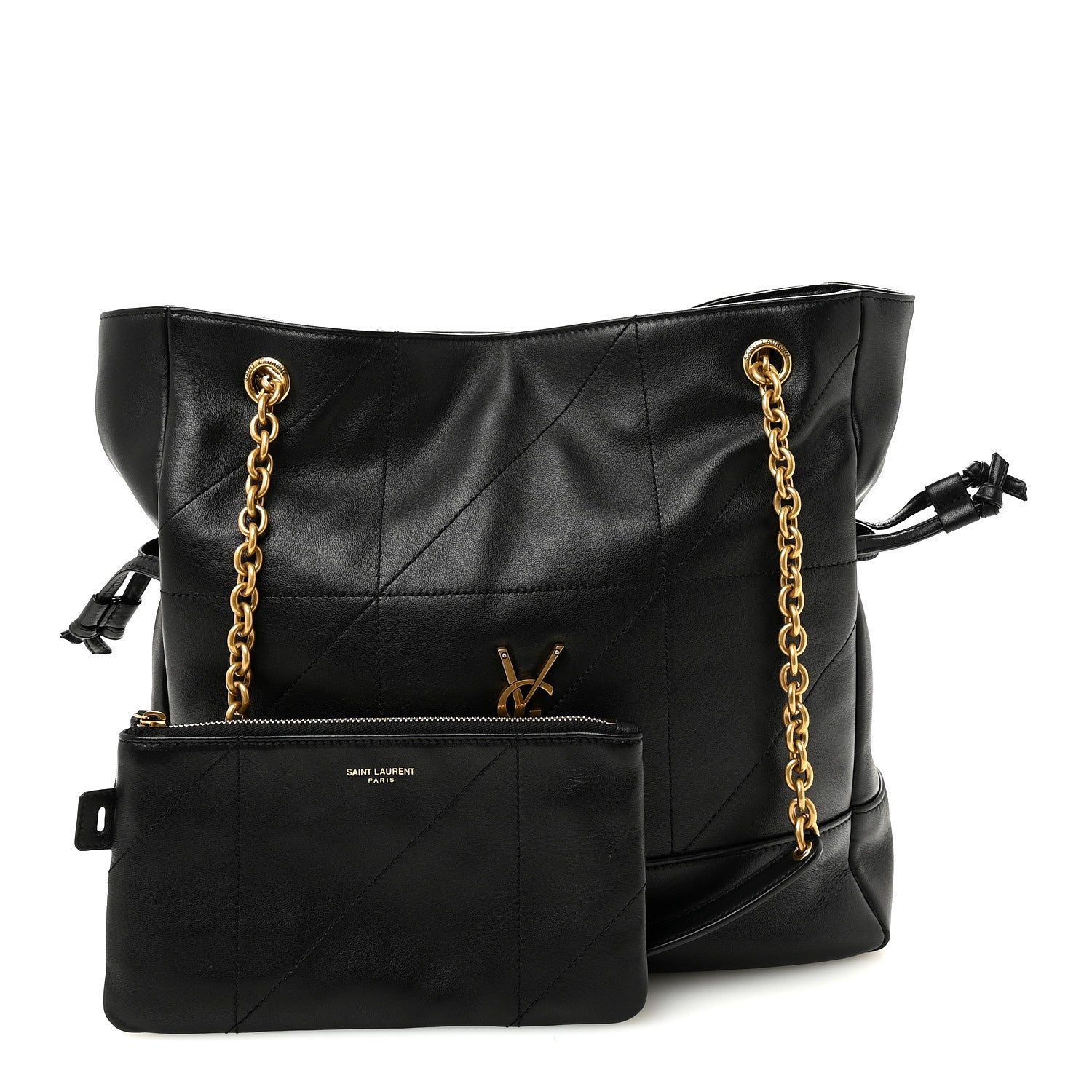 Black small shopping tote with YSL emblem, gold chain handles, and zip pouch.