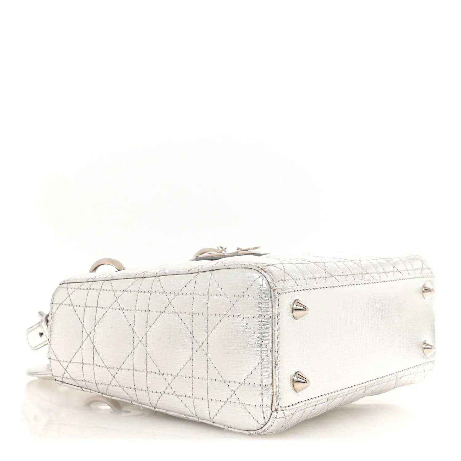 My Lady Dior handbag, metallic silver quilted body with top zip and side snap studs