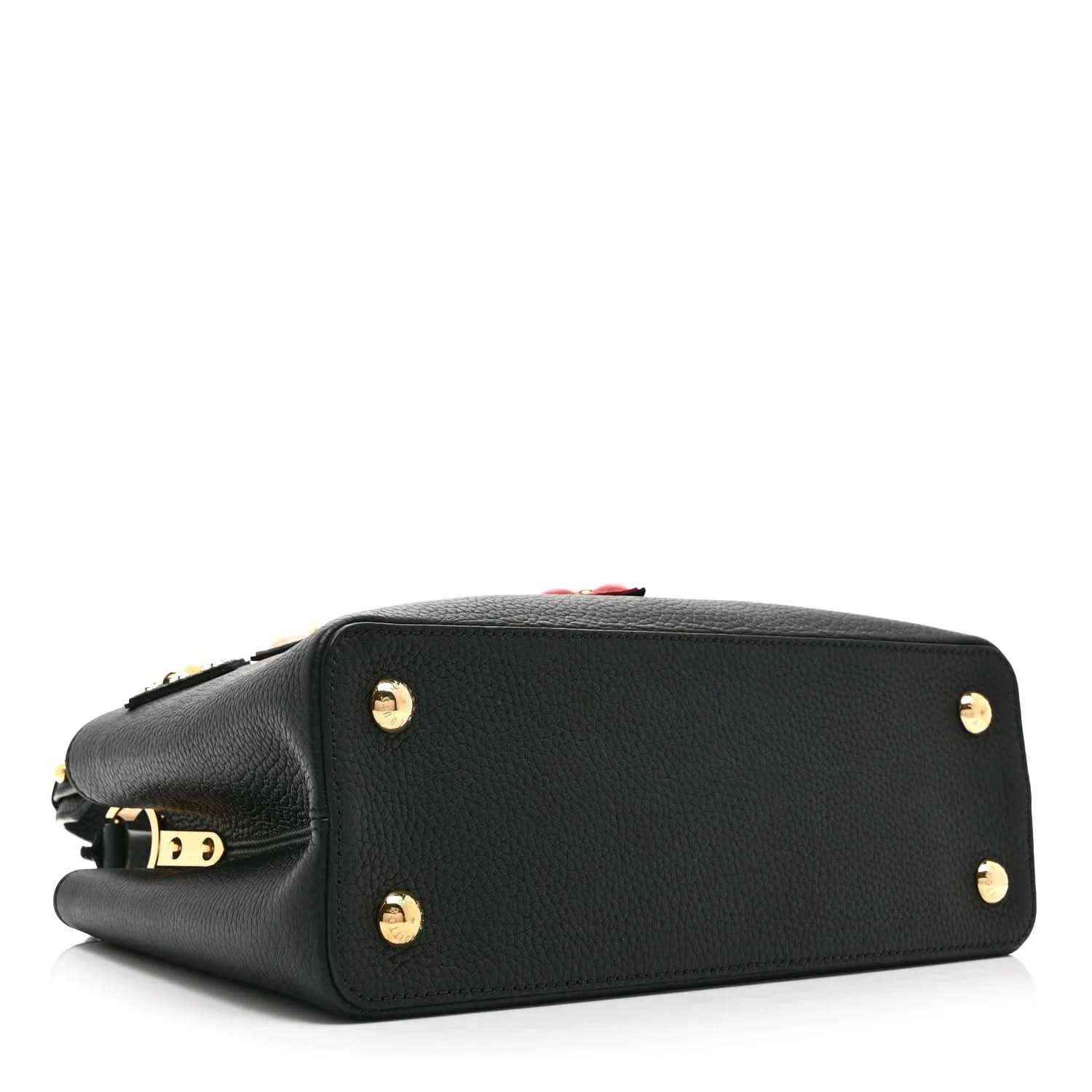 Black Louis Vuitton handbag with top zipper and gold stud hardware on the back