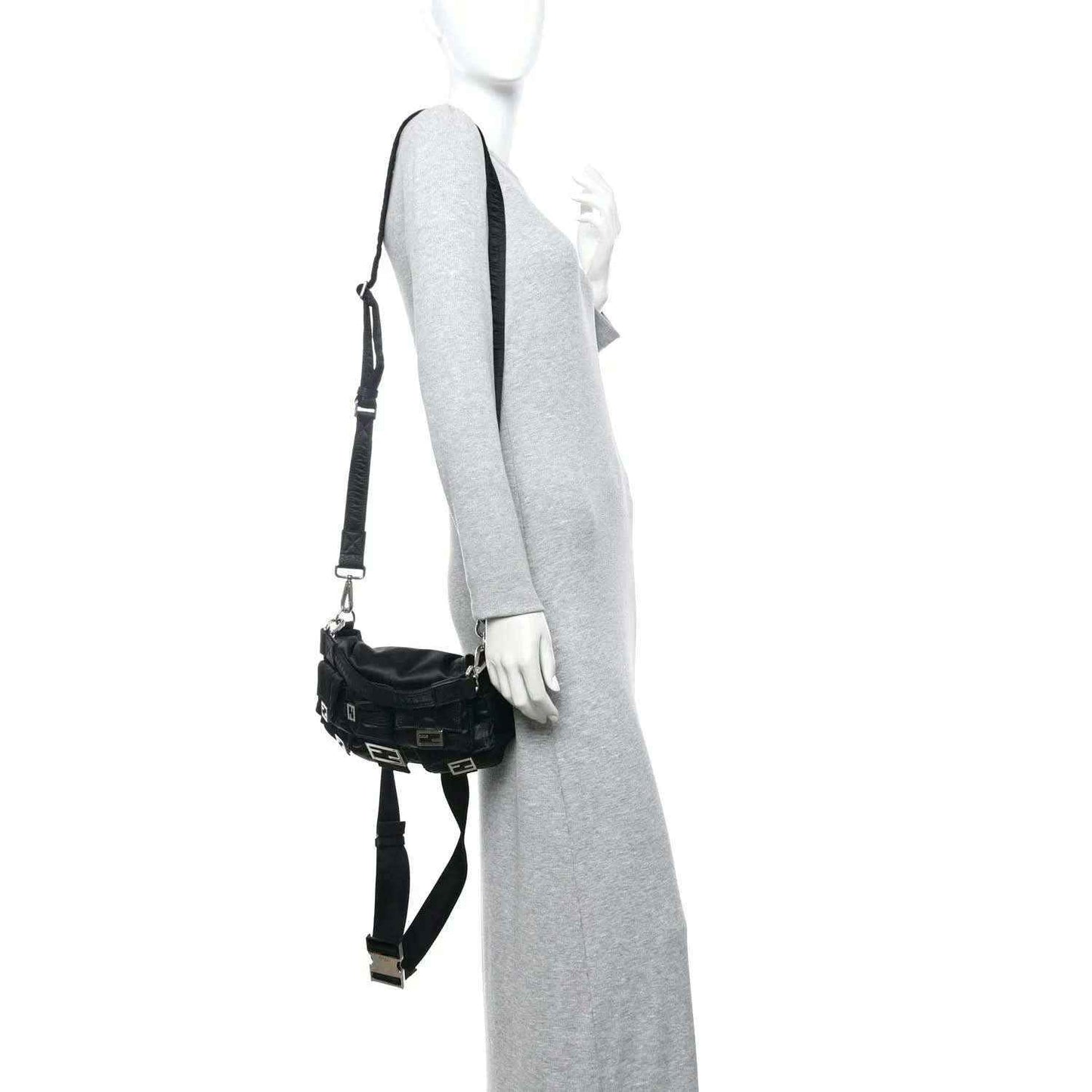 Fendi Econyl black nylon baguette bag worn crossbody with adjustable strap