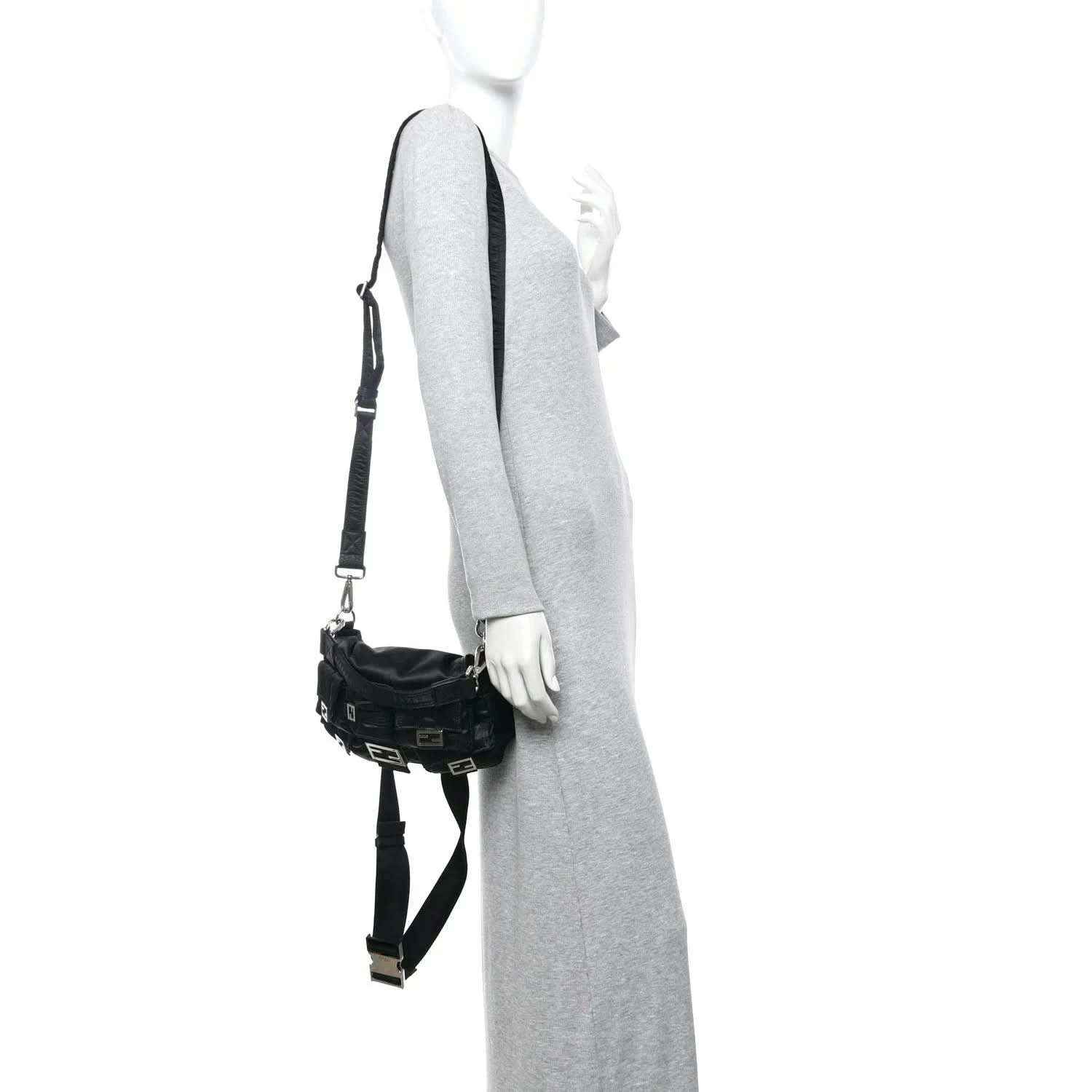 Fendi Econyl black nylon baguette bag worn crossbody with adjustable strap