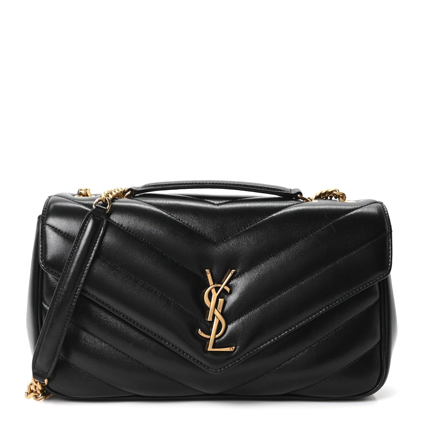 Black chevron quilted lambskin medium shoulder bag with flap and gold YSL logo