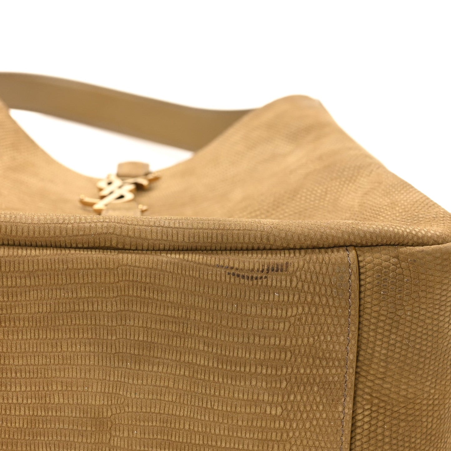 Small hobo bag top view with gold-toned hardware and lizard-embossed finish