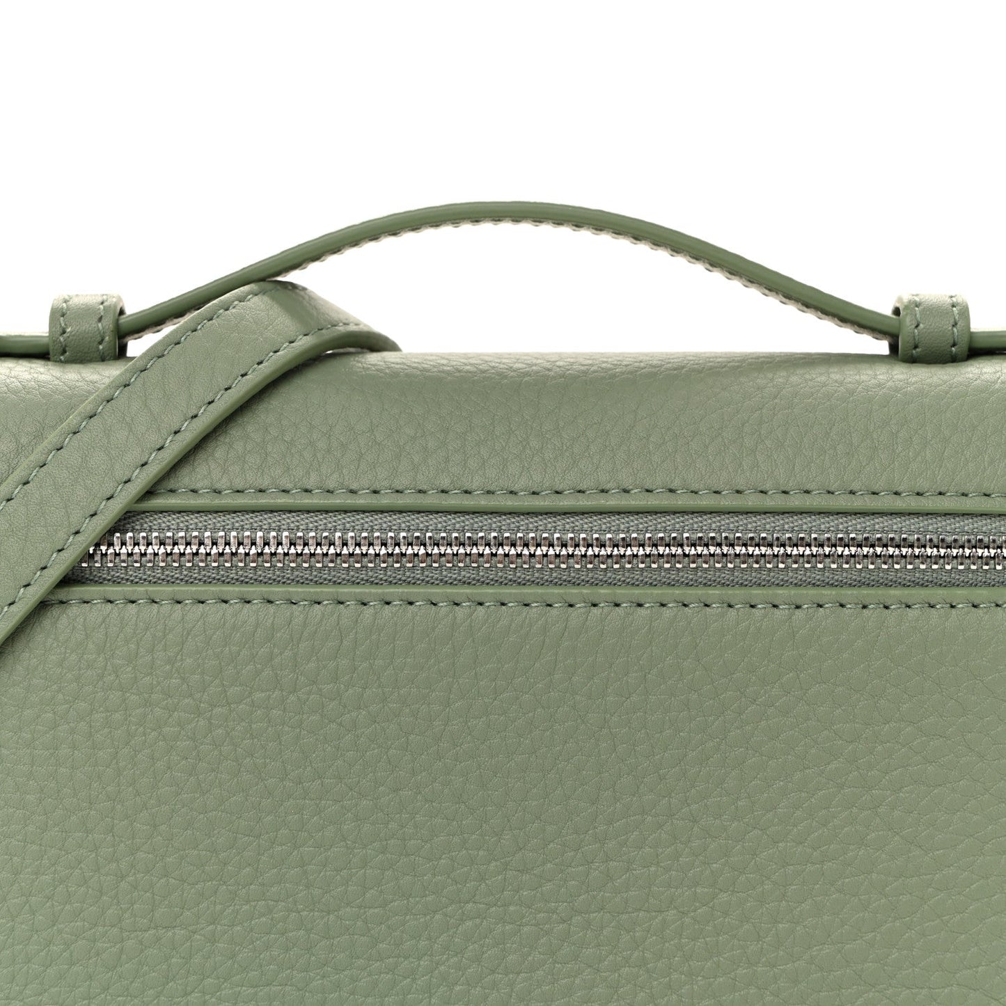 Sage green leather pouch front with top zipper and strap attachment