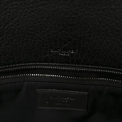 Black leather satchel interior logo patch and stitched zipper top