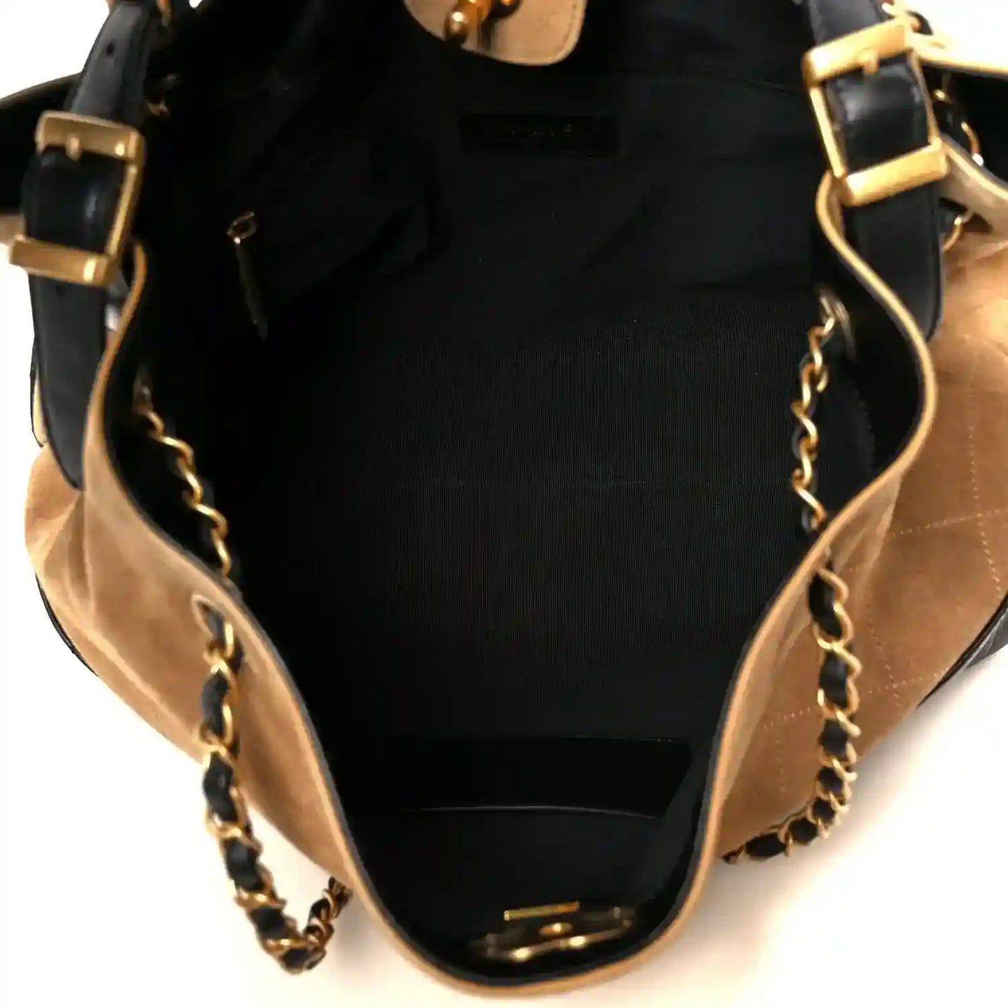 Beige and black small shopping bag with black lining and gold chain shoulder straps