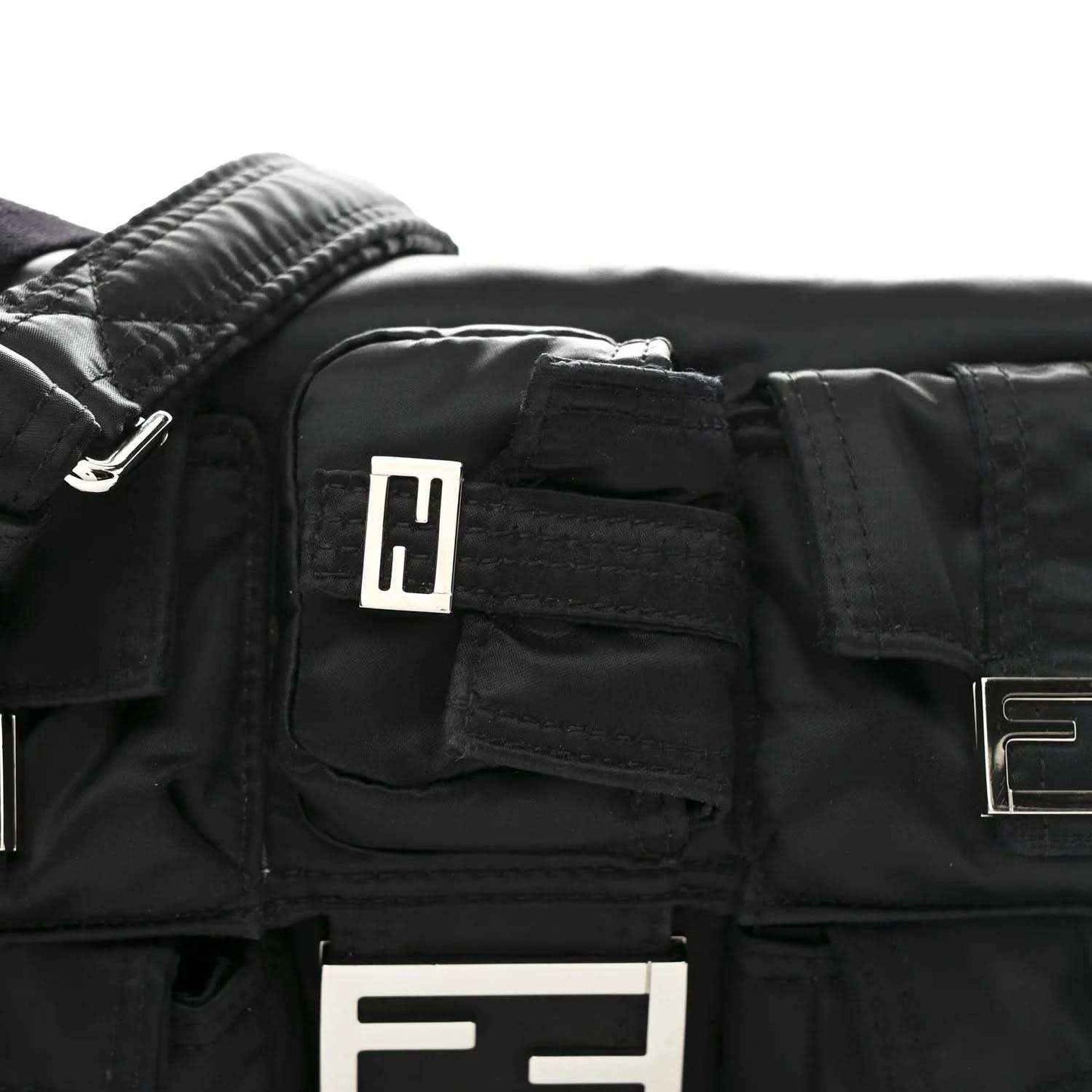 Fendi Econyl black nylon front pocket with embossed logo patch and zipper detail