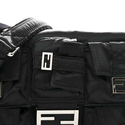 Fendi Econyl black nylon front pocket with embossed logo patch and zipper detail