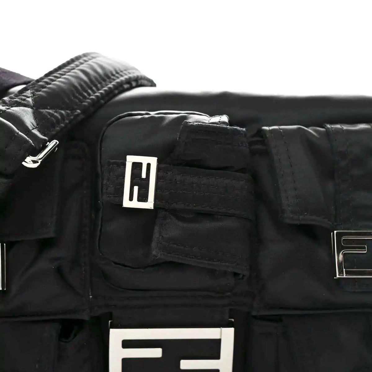 Fendi Econyl black nylon front pocket with embossed logo patch and zipper detail