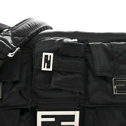Fendi Econyl black nylon front pocket with embossed logo patch and zipper detail