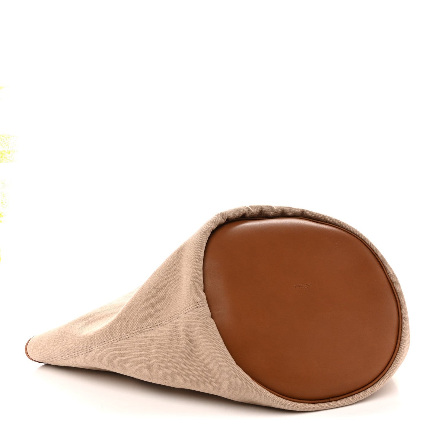 Desert dust canvas tote with brown leather rounded base, side view