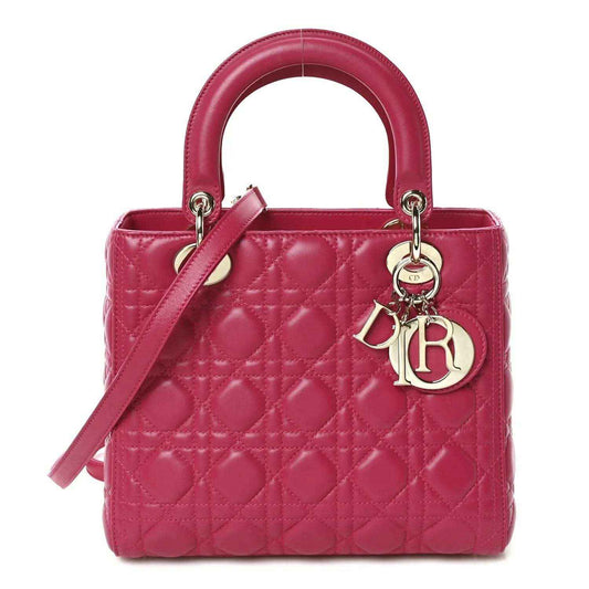 Fuchsia quilted leather Lady handbag with gold-tone handles and Dior charm