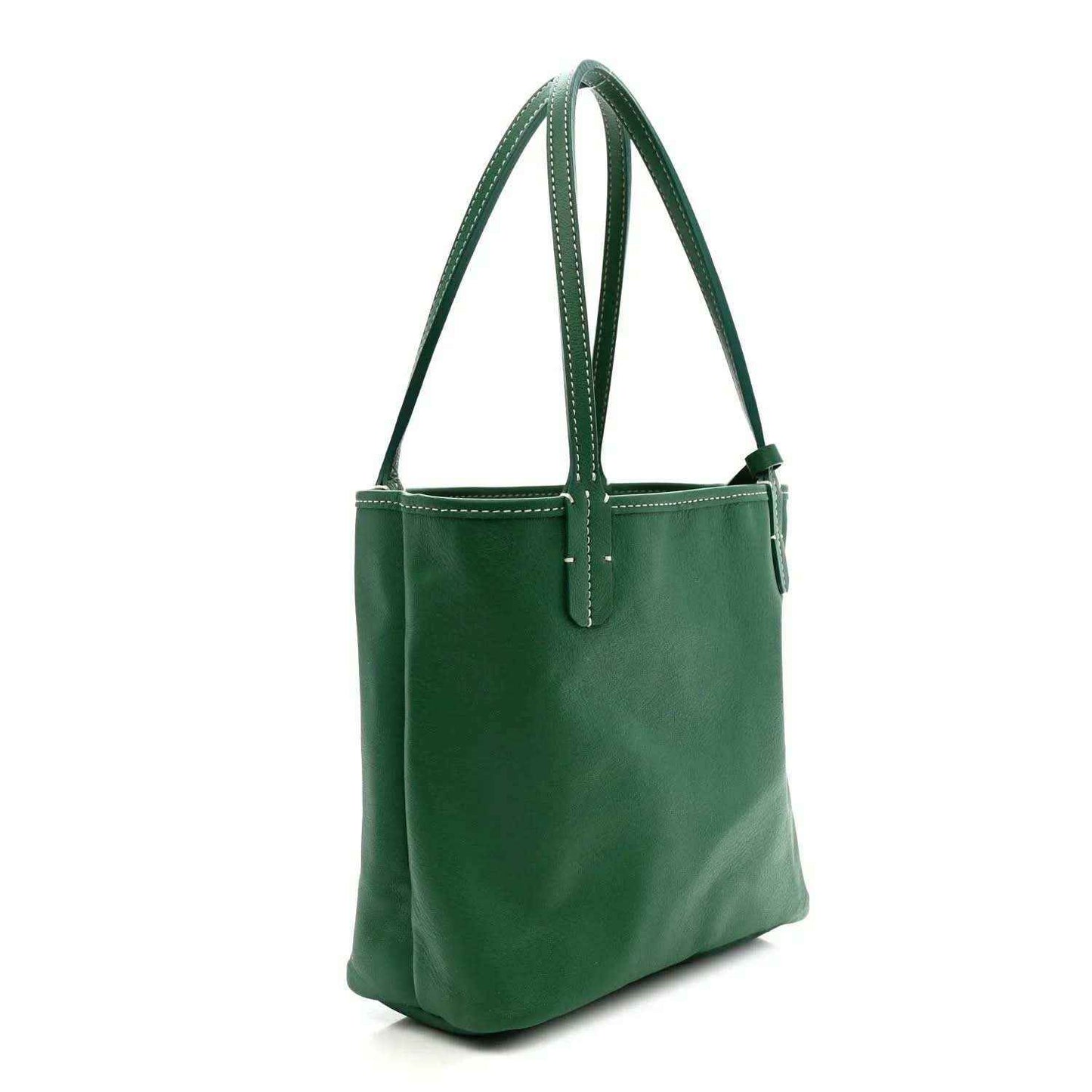 Green mini tote bag side view with solid leather look and two top handles