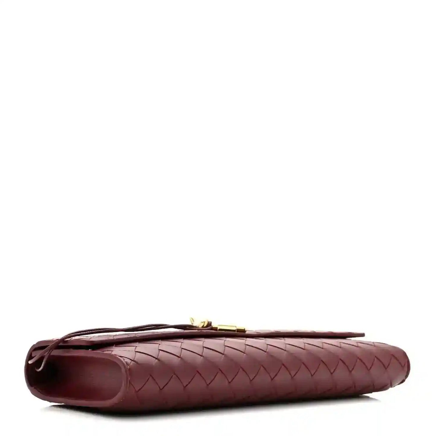 Burgundy Intrecciato clutch bag corner view with gold clasp hardware
