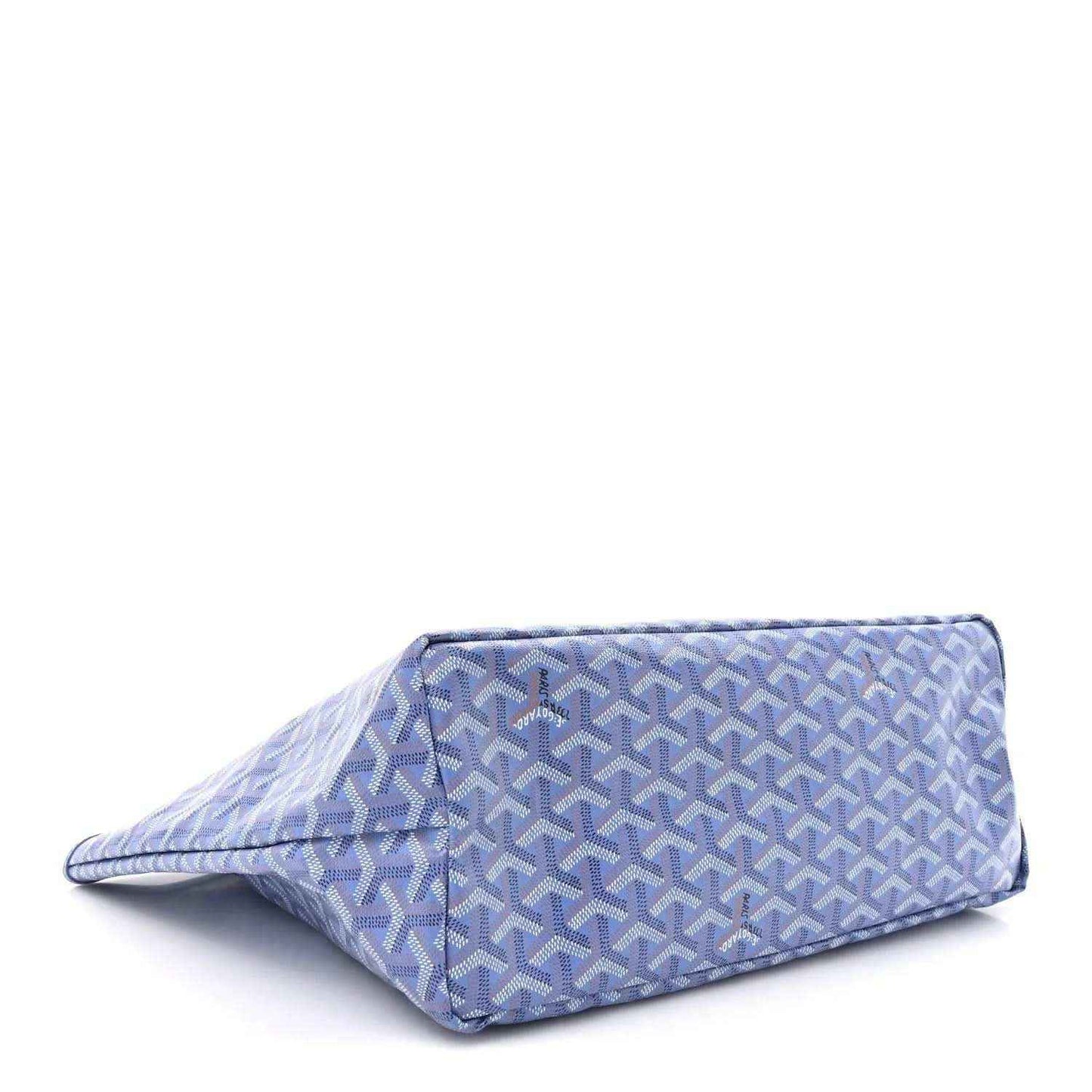 Goyardine tote bag bottom view, blue with repeating pattern and curved corners