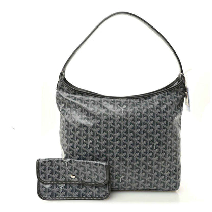 Grey canvas hobo bag with matching logo pouch, top handles and zip closure