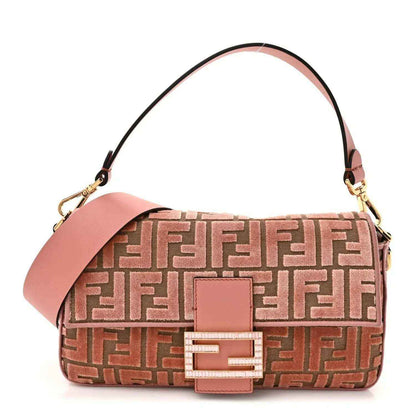 Fendi velvet jacquard baguette shoulder bag in macaron pink, FF pattern, crystal FF clasp