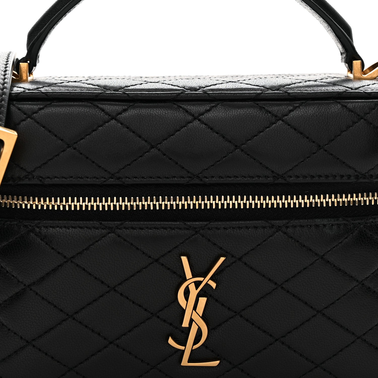 Saint Laurent mini quilted lambskin vanity case front with gold YSL logo and zipper