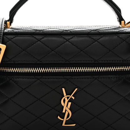Saint Laurent mini quilted lambskin vanity case front with gold YSL logo and zipper