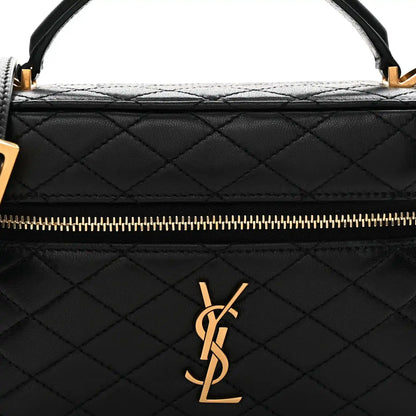 Saint Laurent mini quilted lambskin vanity case front with gold YSL logo and zipper