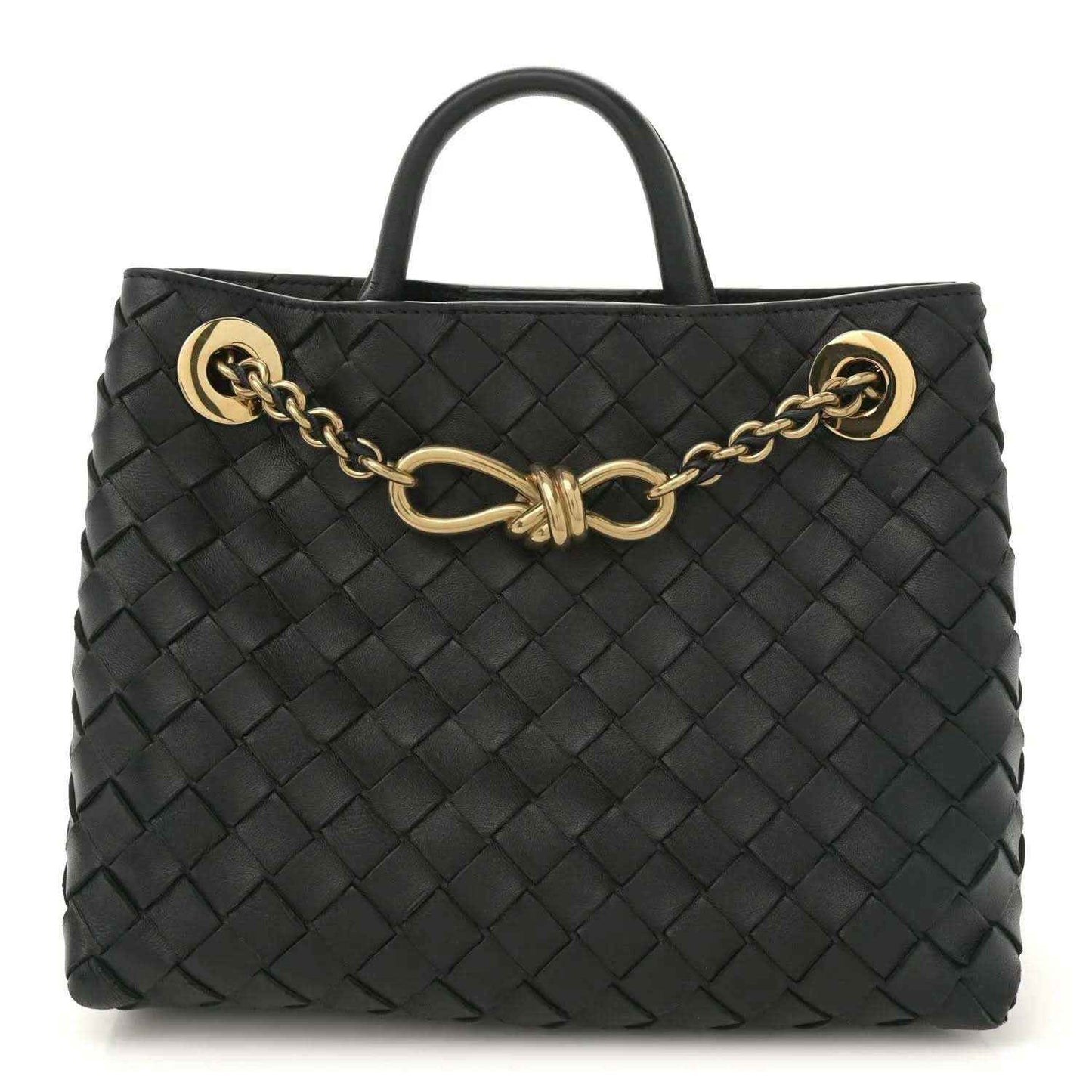 Black intrecciato nappa leather small shoulder bag with gold chain top handle and clasp