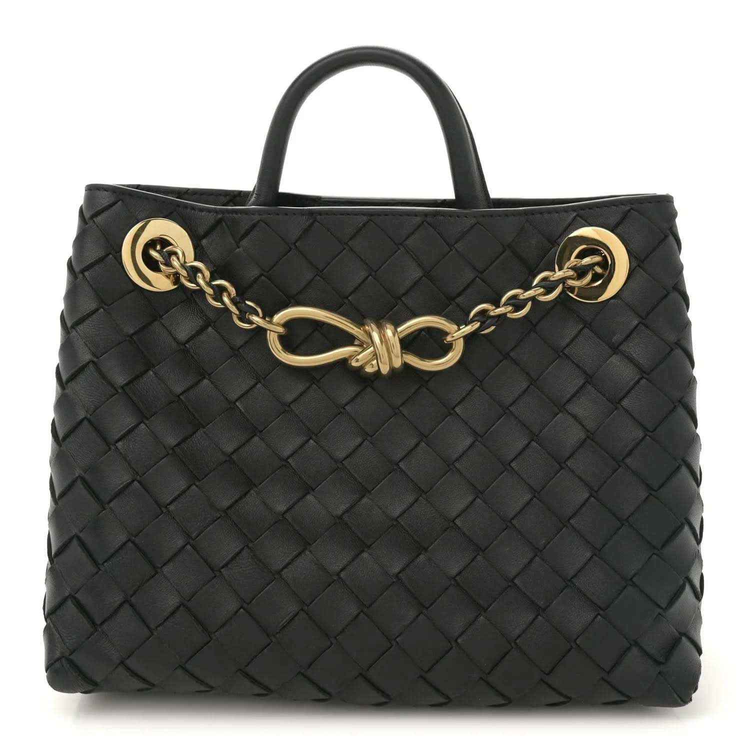 Black intrecciato nappa leather small shoulder bag with gold chain top handle and clasp