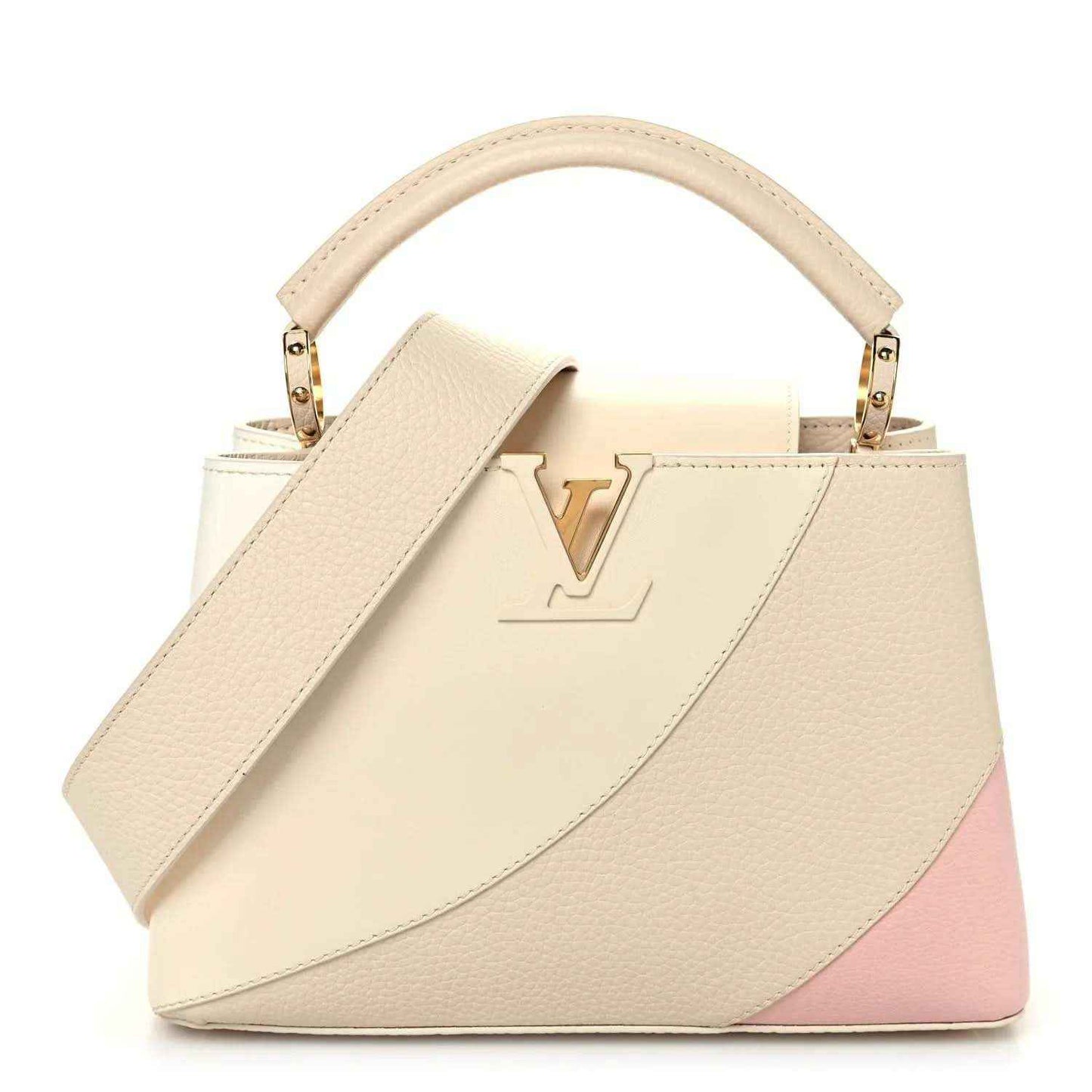 Tonal beige leather handbag with top handle, gold-tone hardware, front V emblem