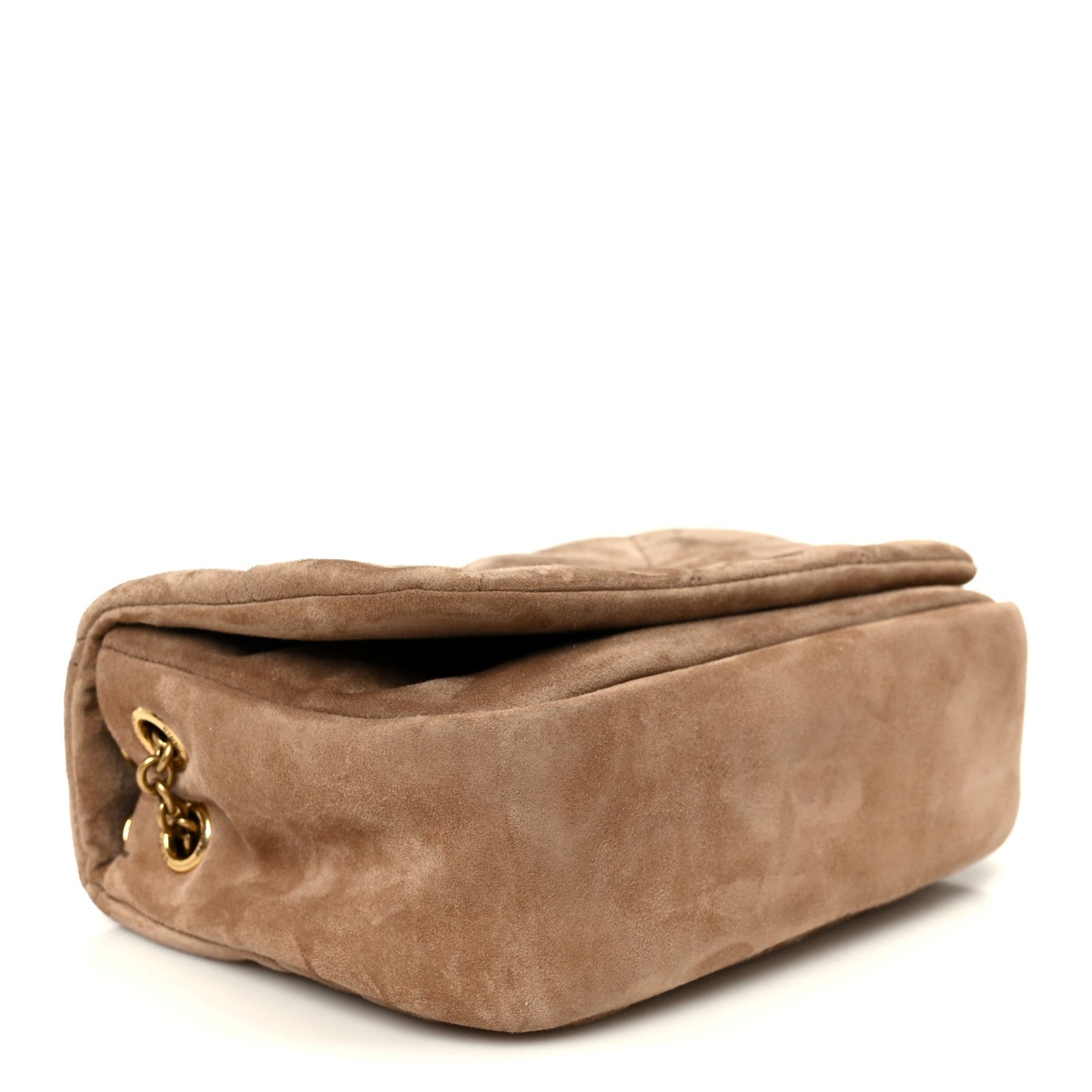 Taupe suede mini shoulder bag bottom view with smooth folded flap